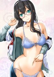 Rule 34 | 1girl, black hair, blue bra, blue eyes, blue panties, blue sailor collar, blue shirt, blue skirt, blush, bra, breasts, closed mouth, collared shirt, commentary request, glasses, hairband, kantai collection, long hair, looking at viewer, medium breasts, navel, necktie, ooyodo (kancolle), open clothes, open shirt, oyabun (higashi), panties, partial commentary, pleated skirt, red necktie, sailor collar, school uniform, semi-rimless eyewear, serafuku, shirt, skirt, smile, solo, underwear, uniform, white hairband, white shirt