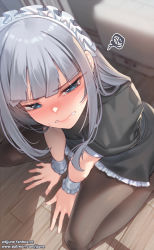 Rule 34 | 1girl, artist name, blue eyes, blunt bangs, blush, commentary, crying, crying with eyes open, fanbox username, grey hair, highres, indoors, jjune, long hair, looking at viewer, maid, maid headdress, original, pantyhose, patreon username, solo, symbol-only commentary, tears, watermark, web address, wooden floor