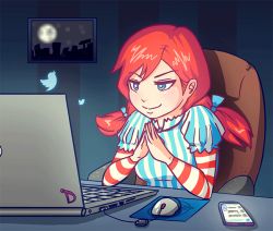 Rule 34 | 1girl, animated, animated gif, blouse, blue eyes, blush, cellphone, chair, computer, derpixon, evil grin, evil smile, freckles, grin, huge filesize, laptop, layered sleeves, long sleeves, mouse (computer), mousepad (object), office chair, own hands clasped, own hands together, phone, printing, red hair, shadow, shirt, short over long sleeves, short sleeves, sidelocks, sitting, smile, smirk, smug, solo, steepled fingers, striped clothes, striped shirt, swivel chair, twitter, v-shaped eyebrows, wendy&#039;s, wendy (wendy&#039;s)