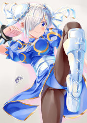Rule 34 | 1girl, absurdres, ayakase hotaru, blue dress, blue eyes, blue leotard, blush, boots, bracelet, breasts, brown pantyhose, bun cover, capcom, china dress, chinese clothes, chun-li, chun-li (cosplay), commentary request, cosplay, cowboy shot, cross-laced footwear, double bun, dress, earrings, hair bun, hair ornament, hair over one eye, hairclip, hamakaze (kancolle), highres, jewelry, kantai collection, large breasts, leg up, leotard, pantyhose, pelvic curtain, puffy short sleeves, puffy sleeves, sash, short hair, short sleeves, side slit, signature, solo, spiked bracelet, spikes, standing, standing on one leg, street fighter, sweatdrop, white footwear, white hair