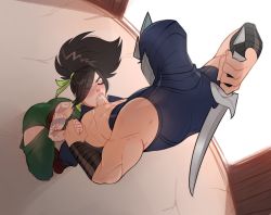 Rule 34 | 1boy, 1girl, abs, akali, arm tattoo, bare arms, bare shoulders, black hair, black pants, blush, closed eyes, door, facing up, fellatio, from above, green pants, green ribbon, hair ribbon, hetero, holding, holding hands, holding knife, holding weapon, ilwha, kneeling, knife, league of legends, mask, open door, open pants, oral, pants, penis, ponytail, ribbon, shen (league of legends), shiny skin, shoes, shoulder tattoo, tattoo, weapon, weapon behind back