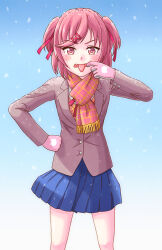 Rule 34 | 1girl, blazer, blue background, blue skirt, blush, bow, bowtie, breasts, brown jacket, cat symbol, commentary, doki doki literature club, dress shirt, fang, feet out of frame, finger in own mouth, frilled scarf, gloves, gradient background, hair ornament, hair ribbon, hand on own hip, jacket, keito nagumo, long sleeves, looking at viewer, natsuki (doki doki literature club), neck ribbon, open mouth, pink eyes, pink gloves, pink hair, pink pupils, pink scarf, plaid, plaid scarf, pleated skirt, red bow, red bowtie, red ribbon, ribbon, scarf, school uniform, shirt, short hair, skirt, small breasts, snow on body, snow on head, snowflakes, snowing, solo, standing, sweater vest, swept bangs, teasing, tongue, tongue out, two side up, v-shaped eyebrows, white background, white shirt, winter, winter clothes, x hair ornament, yellow sweater vest