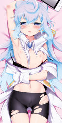 Rule 34 | 10s, 1boy, ahoge, arm up, armpits, bed sheet, bike shorts, blue eyes, blue hair, blush, bulge, cowboy shot, dakimakura (medium), detached collar, gloves, gluteal fold, groin, hacka doll, hacka doll 3, hair between eyes, handheld game console, highres, long hair, looking at viewer, lying, m-da s-tarou, male focus, midriff, navel, nintendo switch, nipples, on back, open mouth, smile, solo, torn bike shorts, torn clothes, trap, wavy mouth, white gloves