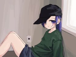 Rule 34 | 1girl, absurdres, bad id, bad twitter id, black hat, blue shorts, blush stickers, closed mouth, empty eyes, feet out of frame, from side, gishiki (gshk), goshiki agiri, green shirt, hat, highres, kill me baby, long hair, long sleeves, looking at viewer, looking to the side, purple eyes, purple hair, shirt, shorts, sitting, solo, window