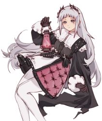Rule 34 | 1girl, ammunition belt, arknights, black dress, black gloves, dress, earrings, feet out of frame, gloves, grey eyes, grey hair, head wings, highres, holster, irene (arknights), jewelry, long hair, long sleeves, looking at viewer, multicolored clothes, multicolored dress, nanqinxuelinaixi, pantyhose, pink dress, scar, scar across eye, simple background, solo, very long hair, white background, white dress, white pantyhose, wings