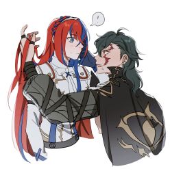Rule 34 | 1boy, 1girl, alear (female) (fire emblem), alear (fire emblem), blue eyes, blush, cape, closed mouth, facial mark, fire emblem, fire emblem engage, green hair, griss (fire emblem), hair between eyes, highres, jewelry, long hair, long sleeves, looking at another, multicolored hair, nintendo, open mouth, oratoza, piercing, red eyes, ring, short hair, tattoo, tiara, two-tone hair, very long hair, white background