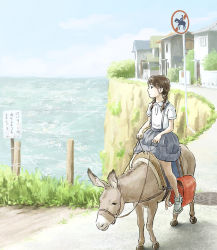 Rule 34 | 1girl, backpack, bag, braid, brown hair, child, cliff, donkey, original, outdoors, randoseru, riding, road sign, saddle, school uniform, sign, skirt, solo, suspenders, tnt (aaaazzzz), translation request, twintails