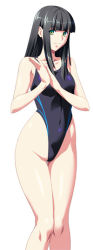 Rule 34 | 1girl, bare shoulders, black hair, collarbone, competition swimsuit, covered navel, female focus, green eyes, highleg, highleg swimsuit, hime cut, hip focus, kikutei nanno, legs, long hair, looking at viewer, multicolored eyes, noriheita, one-piece swimsuit, own hands together, simple background, solo, standing, swimsuit, thigh gap, thighs, tokunou shirumamire!, white background