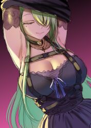 Rule 34 | 1girl, armpits, arms up, breasts, ceres fauna, ceres fauna (goth), cleavage, closed eyes, dress, elbow gloves, frilled dress, frills, gloves, gradient background, green hair, hair over one eye, highres, hololive, hololive english, jewelry, large breasts, long hair, mole, mole under eye, necklace, redi (rasec asdjh), sketch, smile, undressing, virtual youtuber
