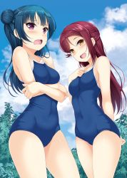 Rule 34 | 2girls, :d, arm behind back, arms under breasts, blue hair, breasts, cloud, commentary, competition school swimsuit, covered navel, crossed arms, d:, dark blue hair, day, furrowed brow, hair bun, half updo, hand on own chest, highres, hino minato (spec.c), linea alba, long hair, looking at viewer, love live!, love live! sunshine!!, multiple girls, open mouth, outdoors, purple eyes, red hair, sakurauchi riko, school swimsuit, single bang, single side bun, single sidelock, small breasts, smile, swimsuit, symbol-only commentary, tsushima yoshiko, yellow eyes