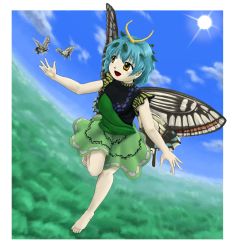 Rule 34 | 1girl, animal, antennae, aqua hair, bad anatomy, barefoot, blush, border, bug, butterfly, butterfly wings, day, dress, eternity larva, fairy, green dress, hair between eyes, highres, insect, insect wings, jewelry, leaf, leaf on head, multicolored clothes, multicolored dress, open mouth, orange eyes, parasite oyatsu, ring, short hair, short sleeves, smile, solo, sun, touhou, white border, wings, zun (style)