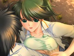 Rule 34 | 00s, 1girl, grabbing another&#039;s breast, breasts, game cg, grabbing, green eyes, green hair, guided breast grab, guiding hand, naruse touka, private emotion, sano toshihide, sleeves rolled up, solo focus