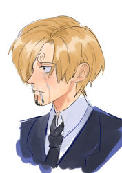 Rule 34 | 1boy, black jacket, black necktie, blonde hair, cigarette, crying, crying with eyes open, curly eyebrows, facial hair, formal, hair over one eye, jacket, male focus, mouth hold, necktie, one piece, rita ya, sanji (one piece), shirt, short hair, solo, suit, tears