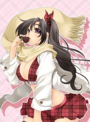 Rule 34 | 1girl, atelier-moo, bikini, black hair, breasts, candy, chocolate, chocolate heart, curtained hair, food, hair between eyes, hair ribbon, heart, large breasts, lasting anthem, long hair, luna soma, miniskirt, open mouth, plaid, plaid skirt, red eyes, red ribbon, ribbon, scarf, simple background, skirt, solo, standing, swimsuit, thighhighs, valentine, zettai ryouiki