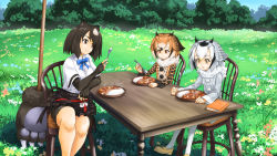 Rule 34 | 3girls, animal ears, apron, bear ears, black bodysuit, black hair, blonde hair, bodysuit, bodysuit under clothes, bow, bowtie, brown bear (kemono friends), brown coat, brown eyes, brown hair, chair, closed mouth, coat, collared shirt, colored inner hair, commentary request, curry, curry rice, day, elbow rest, eurasian eagle owl (kemono friends), flower, food, frills, fur collar, grass, grey coat, grey hair, hair between eyes, hand rest, hand up, height difference, highres, holding, holding spoon, japari symbol, kemono friends, long sleeves, looking at another, looking at food, looking at object, medium hair, microskirt, multicolored hair, multiple girls, naka (nicovideo14185763), northern white-faced owl (kemono friends), outdoors, owl ears, pantyhose, parted bangs, parted lips, paw stick, plate, pom pom (clothes), rice, shirt, shoes, short sleeves, sitting, skirt, smile, spoon, steam, table, two-tone hair, waist apron, white hair, white legwear, white shirt, wing collar, wooden chair, wooden table, yellow eyes