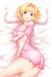 1girl ass bare_legs bare_shoulders blonde_hair blush breasts brown_eyes cleavage crossed_arms djeeta_(granblue_fantasy) female_focus granblue_fantasy hair_intakes highres looking_at_viewer lying medium_breasts off_shoulder on_side open_mouth pajamas pillow sakaokasan solo