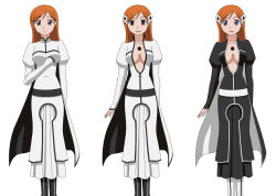 Rule 34 | before and after, bleach, breasts, cape, cleavage, corruption, dark persona, empty eyes, hair ornament, inoue orihime, long hair, orange hair