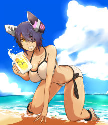 Rule 34 | 10s, 1girl, alcohol, all fours, anklet, ass, beach, beer, beer mug, bikini, blue sky, breasts, butt crack, checkered clothes, checkered necktie, checkered neckwear, cleavage, cloud, cup, day, downpants, eyepatch, full body, glowing, grin, headgear, holding, jewelry, kantai collection, large breasts, looking at viewer, mug, navel, necktie, ocean, outdoors, purple hair, sand, sandals, sky, smile, solo, swimsuit, tenryuu (kancolle), tokiwa mmm, water, white bikini, yellow eyes