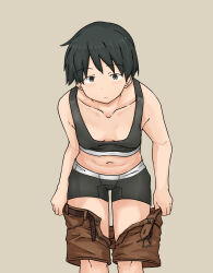 Rule 34 | 1girl, belt, black hair, boyshort panties, breasts, chagamaka, collarbone, expressionless, female focus, grey background, highres, kantai collection, leaning forward, mogami (kancolle), navel, pulled by self, short hair, short pull, simple background, small breasts, solo, sports bra, undressing