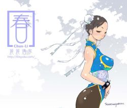 Rule 34 | 1girl, artist name, bracelet, breasts, brown eyes, bun cover, capcom, character name, china dress, chinese clothes, chun-li, double bun, dress, earrings, covered erect nipples, from side, halterneck, jewelry, large breasts, pantyhose, ribbon, sash, short hair, side slit, snow, solo, spiked bracelet, spikes, street fighter, takerunoyebisu, watermark, web address