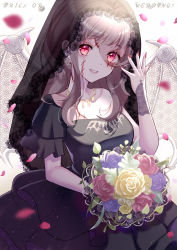Rule 34 | 1girl, black wedding dress, blood, blood on face, blush, bouquet, bride, brown hair, dress, earrings, english text, falling petals, flower, frilled sleeves, frills, glint, gloves, glowing, glowing eyes, halloween, hand up, highres, holding, holding bouquet, jewelry, kowano, lace, lace gloves, long hair, nail polish, necklace, original, parted lips, petals, pink eyes, ring, rose, single-shoulder dress, single sleeve, smile, solo, stitched face, stitches, veil, wedding band, wedding dress, wings, zombie
