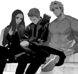 Rule 34 | 1girl, 2boys, absurdres, arrow (projectile), avengers: age of ultron, avengers (series), breasts, brother and sister, clint barton, closed eyes, closed mouth, commentary request, couch, crossed arms, crossed legs, dress, facial hair, gem, greyscale, hand in pocket, hawkeye (marvel), highres, jacket, jewelry, lips, long hair, long sleeves, looking at viewer, mandarin collar, marvel, marvel cinematic universe, medium breasts, monochrome, multiple boys, necklace, open clothes, open jacket, pants, pietro maximoff, quicksilver, roku0180, scarlet witch, shadow, shirt, shoes, short hair, siblings, simple background, sitting, sleeping, sneakers, thighhighs, wanda maximoff