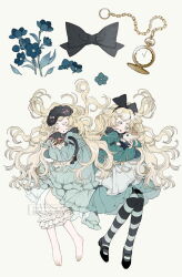 Rule 34 | 2girls, alice (alice in wonderland), alice in wonderland, animal, apron, ascot, barefoot, black bow, black cat, black collar, black eyes, black footwear, black hairband, black mask, black pantyhose, blonde hair, bloomers, blue eyes, blue flower, blue nightgown, blue shirt, blue skirt, bow, cat, cat tail, chain, chinese commentary, clone, closed eyes, clothes lift, collar, collared dress, commentary request, dress, dress lift, eyelashes, flower, flower request, frilled sleeves, frills, full body, gold chain, hair bow, hairband, hat, hat bow, highres, holding, holding animal, holding cat, holding rabbit, juliet sleeves, layered dress, leaf, long hair, long sleeves, maobing maobing, mary janes, miniskirt, multiple girls, nightgown, open mouth, pajamas, pantyhose, pink bow, pocket watch, puffy sleeves, rabbit, sample watermark, shirt, shoes, skirt, sleep mask, sleeve bow, smile, solid circle eyes, striped clothes, striped pantyhose, tail, two-tone pantyhose, underwear, waist apron, watch, watermark, wavy hair, white apron, white ascot, white background, white bloomers, white pantyhose