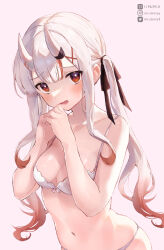Rule 34 | 1girl, black ribbon, blush, bra, breasts, gradient hair, grey hair, hair ribbon, highres, hololive, horns, long hair, looking at viewer, medium breasts, mr.canaryy, multicolored hair, nakiri ayame, navel, oni, open mouth, red eyes, red hair, ribbon, skin-covered horns, solo, streaked hair, twintails, underwear, virtual youtuber, white background, white bra