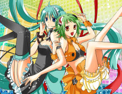 Rule 34 | 2girls, :o, awami kisa, bad id, bad pixiv id, bloomers, dress, garter straps, goggles, goggles on head, green hair, gumi, hatsune miku, long hair, midriff, multiple girls, pointing, thighhighs, twintails, underwear, very long hair, vocaloid, wrist cuffs
