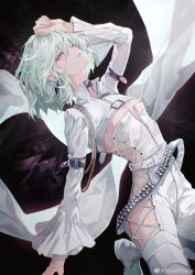 Rule 34 | 1girl, absurdres, arm up, belt, bodysuit, cropped jacket, deadprince, green hair, hair between eyes, highres, jacket, long sleeves, original, parted lips, partially unzipped, pink eyes, short hair, solo, white belt, white bodysuit, white footwear, white jacket