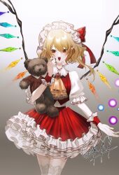Rule 34 | 1girl, ascot, blonde hair, cowboy shot, crystal wings, fang, flandre scarlet, frills, hair ribbon, hat, koniro999, mob cap, open mouth, pointy ears, puffy short sleeves, puffy sleeves, red eyes, red ribbon, ribbon, short sleeves, signature, simple background, solo, stuffed animal, stuffed toy, tachi-e, teddy bear, touhou, white background, yellow ascot