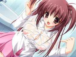 Rule 34 | blush, breasts, brown hair, casual clothing, large breasts, see-through, surprised, tagme