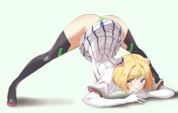 Rule 34 | 1girl, aki rosenthal, aki rosenthal (1st costume), ass, black thighhighs, blonde hair, blue eyes, blush, boots, detached sleeves, elbow gloves, finger to mouth, full body, gloves, green panties, grin, hands on ground, highres, hololive, jack-o&#039; challenge, meme, open mouth, panties, pantyshot, short hair, simple background, smile, solo, spread legs, thigh boots, thighhighs, top-down bottom-up, twin (tt lsh), underwear, virtual youtuber, white gloves, wide spread legs, zettai ryouiki