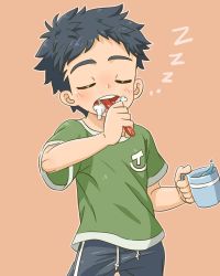 Rule 34 | .., 1boy, black hair, blue pants, blush, bowl, brushing teeth, child, closed eyes, foam, foaming at the mouth, grabbing, green shirt, liquid, male focus, open mouth, original, pants, shiny skin, shirt, simple background, solo, solo focus, spiked hair, teeth, tjugemu, tongue, toothbrush, toothbrush in mouth, water, zzz