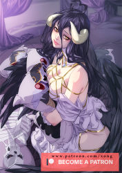 Rule 34 | 1girl, ainz ooal gown, albedo (overlord), bed, bed sheet, bedroom, black hair, black wings, blanket, body pillow, breast press, breasts, curtains, dakimakura (object), demon girl, demon horns, demon wings, detached collar, dress, feathered wings, feathers, gloves, hair between eyes, hip vent, horns, indoors, jewelry, large breasts, low wings, necklace, hugging object, on bed, overlord (maruyama), pillow, pillow hug, skeleton, slit pupils, solo, white dress, white gloves, wings, xong, yellow eyes