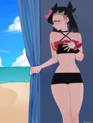 Rule 34 | 1girl, absurdres, beach, black hair, blue eyes, blush, cloud, collarbone, creatures (company), criss-cross halter, curtain grab, curtains, earrings, flower, game freak, hair flower, hair ornament, hair ribbon, halterneck, hand on own chest, highres, jewelry, l4wless, looking at viewer, marnie (pokemon), marnie (summer 2021) (pokemon), nail polish, navel, nintendo, ocean, official alternate costume, pink flower, pokemon, pokemon masters ex, ribbon, ring, signature, standing, swimsuit, twintails, twitter username, wristband