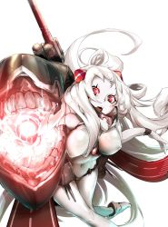 Rule 34 | 10s, 1girl, abyssal ship, airfield princess, bare shoulders, breasts, colored skin, covered navel, glowing, highres, horns, kantai collection, large breasts, leotard, long hair, machinery, open mouth, pekoneko, red eyes, simple background, single horn, solo, teeth, very long hair, white background, white hair, white skin