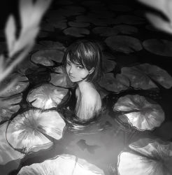 Rule 34 | 1girl, bob cut, closed mouth, fish, greyscale, highres, lily pad, looking at viewer, medium hair, monochrome, original, outdoors, partially submerged, solo, upper body, wataboku