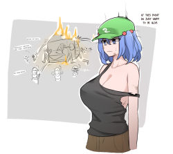 Rule 34 | 1girl, blue eyes, blue hair, breasts, brown pants, english text, fire, flat cap, green headwear, hair bobbles, hair ornament, hat, highres, huge breasts, kappa, kawashiro nitori, machine, mata (matasoup), medium hair, multiple girls, pants, people, short twintails, sideboob, sidelocks, sketch, strap slip, tank top, torn clothes, touhou, twintails, two side up, white background