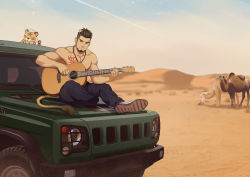 Rule 34 | 1boy, absurdres, alca (wakatanka4), animal ears, bara, beard, black hair, black pants, camel, chest tattoo, commission, facial hair, full body, guitar, highres, instrument, instrument request, koji (wildlhz), lion boy, lion ears, lion tail, male focus, mature male, motor vehicle, muscular, muscular male, original, pants, pectorals, red eyes, sand, short hair, sitting, solo, stuffed animal, stuffed toy, tail, tattoo, thick eyebrows, topless male, truck, undercut
