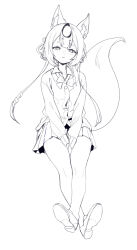 Rule 34 | 1girl, animal ears, aningay, between legs, bow, cardigan, collared shirt, crossed legs, fox ears, fox girl, fox tail, full body, greyscale, hand between legs, highres, loafers, long hair, long sleeves, looking at viewer, monochrome, multicolored hair, original, pleated skirt, school uniform, shirt, shoes, short eyebrows, simple background, sitting, skirt, sleeves past wrists, solo, streaked hair, tail, thick eyebrows, very long hair, white background