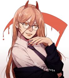 Rule 34 | 1girl, black jacket, black necktie, blood drip, brown hair, chainsaw man, collared shirt, cosiecottage, cross-shaped pupils, elbow rest, glasses, hair between eyes, hemokinesis, highres, horns, jacket, jacket partially removed, long hair, looking at viewer, necktie, orange eyes, power (chainsaw man), red horns, red nails, scythe, sharp teeth, shirt, simple background, smile, solo, symbol-shaped pupils, teeth, twitter username, white background, white shirt