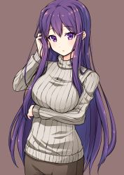 Rule 34 | 1girl, arm under breasts, breasts, brown background, commentary, doki doki literature club, grey sweater, hair ornament, hairclip, hand in own hair, hand up, highres, large breasts, long hair, looking at viewer, parted lips, purple eyes, purple hair, ribbed sweater, simple background, solo, sweater, turtleneck, turtleneck sweater, very long hair, yacchomo89, yuri (doki doki literature club)