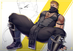 Rule 34 | 1boy, abs, armor, artist name, bara, belt, biceps, blonde hair, boots, brown hair, bulge, covered mouth, fingerless gloves, fishnet sleeves, fishnets, gloves, gyee, highres, large pectorals, leg armor, loincloth, male focus, manly, mask, mature male, mouth mask, multicolored hair, muscular, muscular male, ninja, ninja mask, one eye closed, pectoral cleavage, pectorals, rudolf (gyee), scar, scar on face, short hair, signature, simple background, solo, spiked anklet, spiked armor, spiked hair, spread legs, thick arms, thick eyebrows, thick thighs, thighs, tight clothes, yzpyn