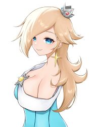 Rule 34 | 1girl, blonde hair, blue dress, blue eyes, breasts, cleavage, closed mouth, commentary request, crown, dress, earrings, eyelashes, glint, highres, jewelry, large breasts, long hair, mario (series), nintendo, off-shoulder dress, off shoulder, rosalina, simple background, smile, solo, star (symbol), star earrings, super mario galaxy, tomatomiya, upper body, white background