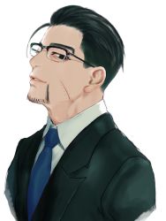 Rule 34 | 1boy, alternate costume, black eyes, black hair, black suit, closed mouth, cropped torso, facial hair, facial scar, formal, glasses, goatee, golden kamuy, hair strand, isa (peien516), long sleeves, looking at viewer, male focus, necktie, ogata hyakunosuke, scar, scar on cheek, scar on face, shirt, short hair, simple background, solo, suit, upper body, white background