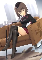 Rule 34 | 10s, 1girl, black thighhighs, blush, brown eyes, brown hair, couch, cross, crossed legs, dutch angle, feet, girls und panzer, gloves, highres, iron cross, legs, looking at viewer, military, military uniform, nishizumi maho, no shoes, pleated skirt, red skirt, riding crop, short hair, sitting, skirt, solo, thighhighs, uniform, wa (genryusui), white gloves