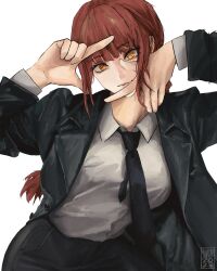 Rule 34 | 1girl, black jacket, black necktie, black pants, braid, braided ponytail, chainsaw man, collared shirt, finger frame, formal, highres, jacket, long hair, looking at viewer, makima (chainsaw man), necktie, pants, red hair, ringed eyes, shirt, shirt tucked in, sidelocks, simple background, solo, suit, suit jacket, taorotana, white background, white shirt, yellow eyes