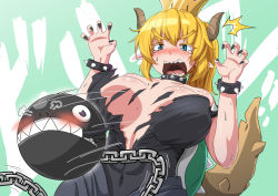 Rule 34 | 1girl, black dress, black nails, blonde hair, blue eyes, blush, bowsette, bracelet, breasts, chain chomp, collar, commentary request, dress, fingernails, hands up, jewelry, large breasts, long hair, looking at viewer, mario (series), nail polish, new super mario bros. u deluxe, nintendo, nokishita kumoemon, nose blush, open mouth, pointy ears, sharp fingernails, sharp teeth, slit pupils, solo, spiked bracelet, spiked collar, spikes, super crown, tail, tears, teeth, torn clothes