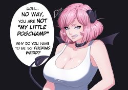 Rule 34 | 1girl, black background, breasts, choker, cleavage, collarbone, demon girl, demon horns, demon tail, demon wings, diskette, english text, eyebrows, grey eyes, heart, heart choker, horns, large breasts, looking at viewer, meme, my little pogchamp (meme), original, parted lips, pink hair, profanity, short hair, simple background, solo, speech bubble, tail, teeth, upper body, wings